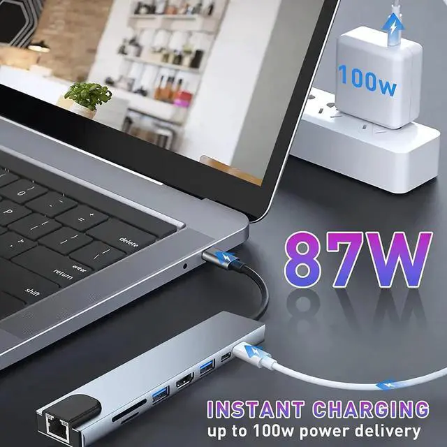Alt view image 3 of 7 - USB C HUB, 8 in 1 USB C Adapter with 4K HDMI, 100W PD, USB C Port, USB 3.0, RJ45 Ethernet, SD/TF Card Reader, Docking Station Compatible with MacBook Pro/Air USB C Laptops and Other Type C Devices