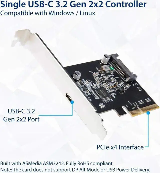 Alt view image 2 of 5 - JAENFONG IO CREST USB-C 3.2 Gen 2x2 Type-C 20 Gbps PCI-e Gen 3 x4 Expansion Card SATA Powered ASMedia ASM3242