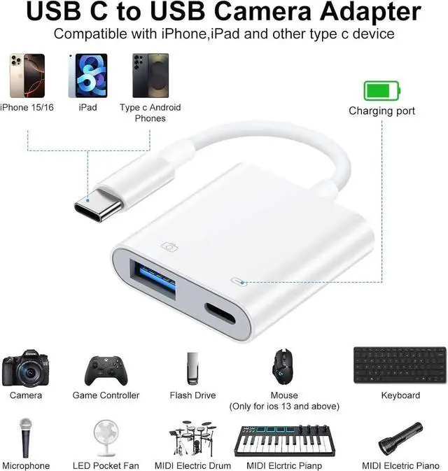 Alt view image 7 of 7 - USB to USB C Camera Adapter with Charging Port for Galaxy Z Fold 7 Z Flip 7 S25 Ultra USB Female OTG Adapter for Android iPhone 16e 16 15 MacBook Pro Air Support Card Reader/Flash Drive/Mouse