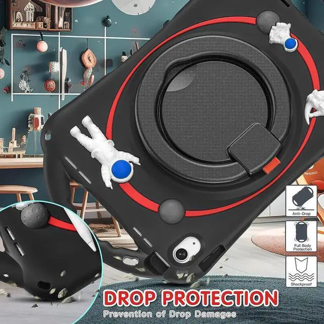 Alt view image 5 of 7 - Cute Spaceman Astronauts Case for iPad 10th Generation 10.9 Inch 2022 A2696 A2757 A2777, Silicone Kids Boys Girls Case with Pencil Holder,Carrying Shoulder Strap,Handle Grip,Kickstand-Black Red