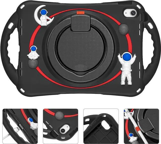 Alt view image 3 of 7 - Cute Spaceman Astronauts Case for iPad 10th Generation 10.9 Inch 2022 A2696 A2757 A2777, Silicone Kids Boys Girls Case with Pencil Holder,Carrying Shoulder Strap,Handle Grip,Kickstand-Black Red