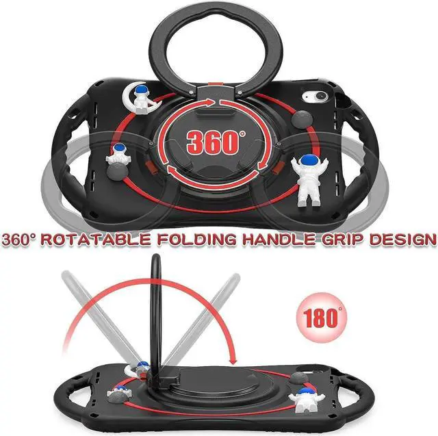 Alt view image 2 of 7 - Cute Spaceman Astronauts Case for iPad 10th Generation 10.9 Inch 2022 A2696 A2757 A2777, Silicone Kids Boys Girls Case with Pencil Holder,Carrying Shoulder Strap,Handle Grip,Kickstand-Black Red