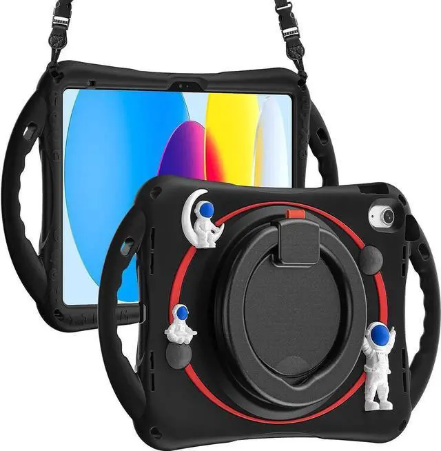 Main image of Cute Spaceman Astronauts Case for iPad 10th Generation 10.9 Inch 2022 A2696 A2757 A2777, Silicone Kids Boys Girls Case with Pencil Holder,Carrying Shoulder Strap,Handle Grip,Kickstand-Black Red