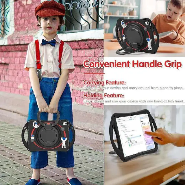 Alt view image 7 of 7 - Cute Spaceman Astronauts Case for iPad 10th Generation 10.9 Inch 2022 A2696 A2757 A2777, Silicone Kids Boys Girls Case with Pencil Holder,Carrying Shoulder Strap,Handle Grip,Kickstand-Black Red