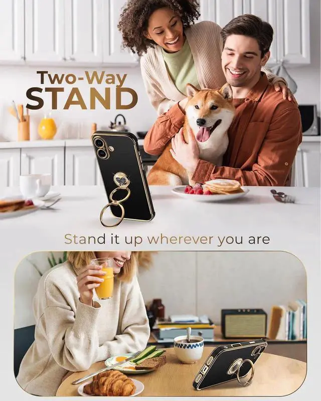 Alt view image 5 of 6 - for iPhone 17 Case with Stand Phone Case with Double Ring Kickstand Women Girls Bling Luxury Protective Case Heart for iPhone 17 Black