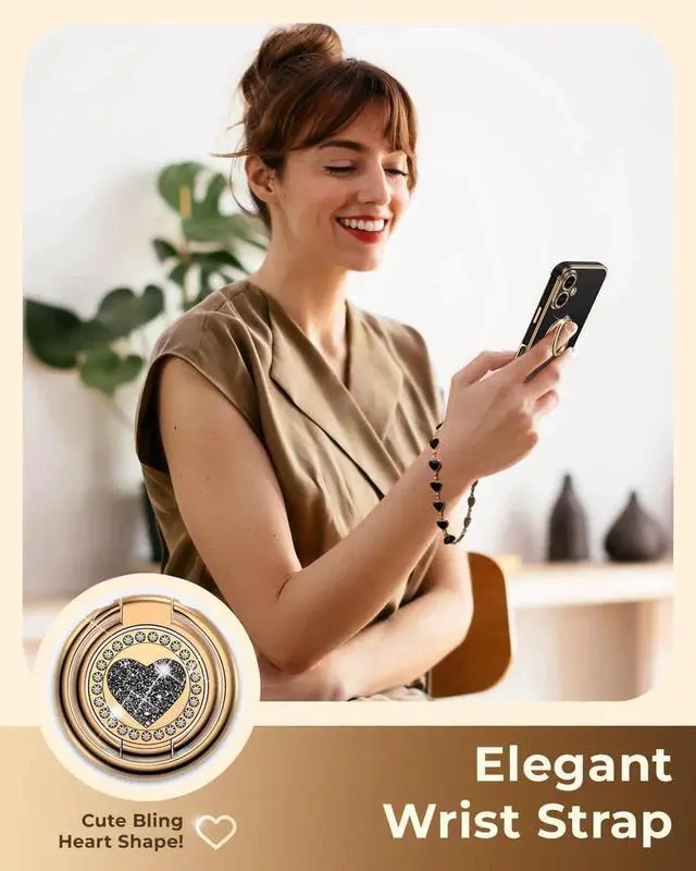 Alt view image 6 of 6 - for iPhone 17 Case with Stand Phone Case with Double Ring Kickstand Women Girls Bling Luxury Protective Case Heart for iPhone 17 Black