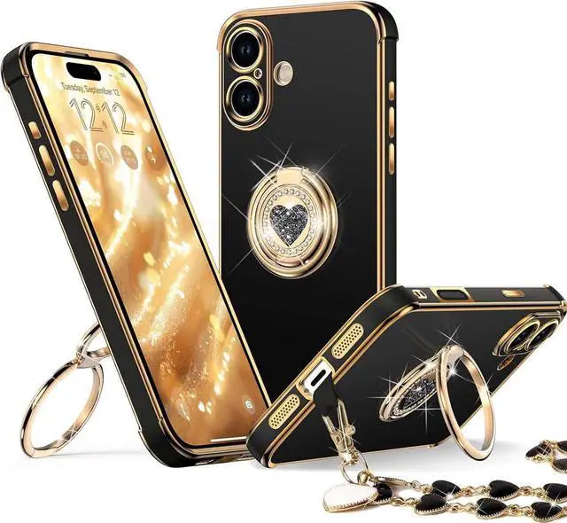 Main image of for iPhone 17 Case with Stand Phone Case with Double Ring Kickstand Women Girls Bling Luxury Protective Case Heart for iPhone 17 Black