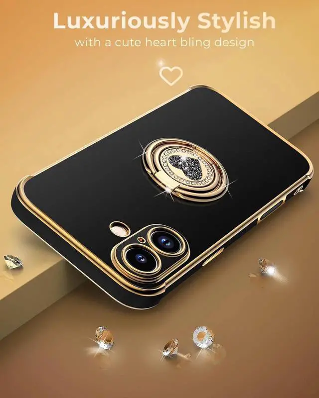 Alt view image 4 of 6 - for iPhone 17 Case with Stand Phone Case with Double Ring Kickstand Women Girls Bling Luxury Protective Case Heart for iPhone 17 Black
