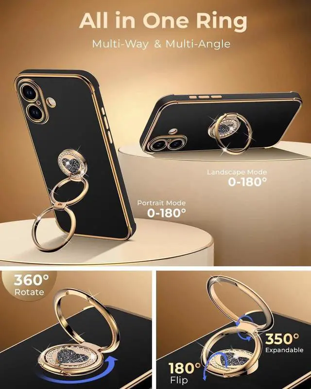 Alt view image 2 of 6 - for iPhone 17 Case with Stand Phone Case with Double Ring Kickstand Women Girls Bling Luxury Protective Case Heart for iPhone 17 Black