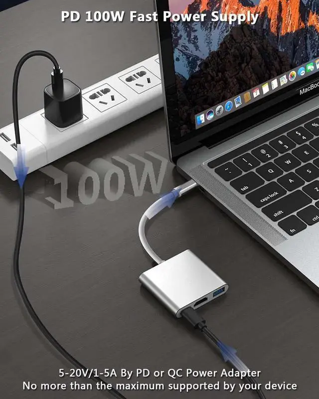 Alt view image 7 of 7 - USB C to HDMI Multiport Adapter w/USB 3.0 & PD 100W Quick Charging Port -Thunderbolt 3 4K Digital AV Converter Type-C Hub for Mac MacBook Air XPS iPad Pro Galaxy S20 Dex Projector TV Monitor