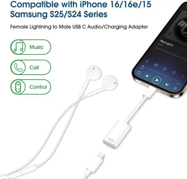 Alt view image 5 of 7 - Female Lightning to Male USB C Adapter Cable Audio Headphone Data Sync PD Charging Converter Compatible with iPhone 16 15 Android Earphone iPad MacBook Not for OTG and Speakers (1 PCS)