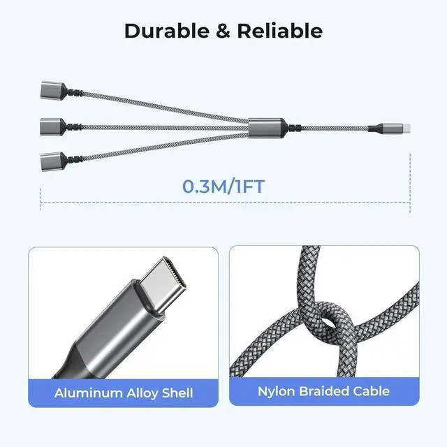 Alt view image 4 of 7 - USB C to 3 USB Adapter 1FT USBC Male to 3-Port USBA OTG Splitter Thunderbolt 4 Type C to Multiple Y Cable Converter for MacBook Pro iPhone 17 16 15 S25 PS5 Mac Flash Drive