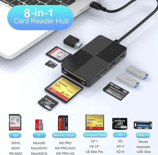 Alt view image 2 of 7 - USB C Multi Card Reader Hub, 5 Memory Cards with Extra 3 USB3.0, SD/TF/CF/Micro SD/XD/MS Memory Card Reader/Adapter/Hub for SD SDXC SDHC CF CFI TF Micro SD Micro SDXC SDHC MS MMC UHS USB Stick Mouse