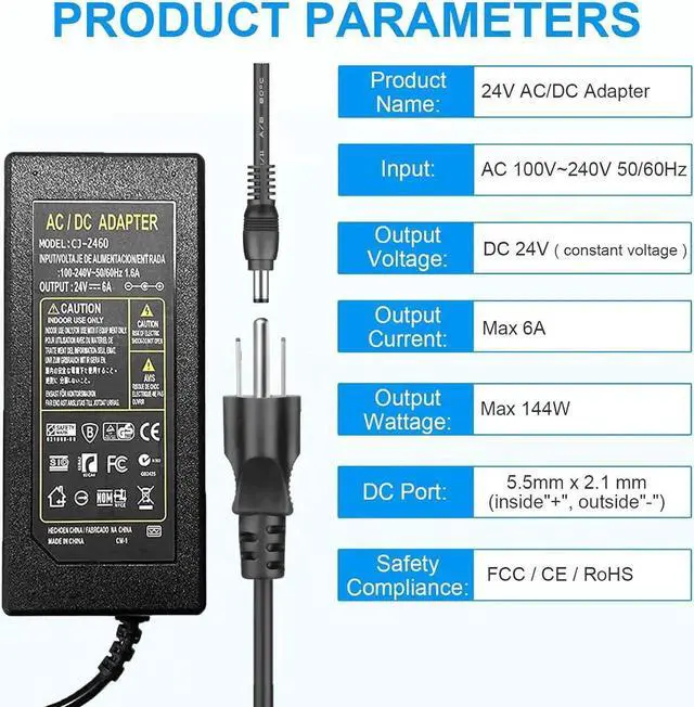 Alt view image 6 of 6 - 24V Power Supply 24V 6A Power Supply 100V-240V AC to 24V DC Power Supply with LED Terminal Connector 24 Volt 6 Amp Power Supply 5A 4A 3A 2A 1A DC Adapter with 5.5x2.1mm Jack