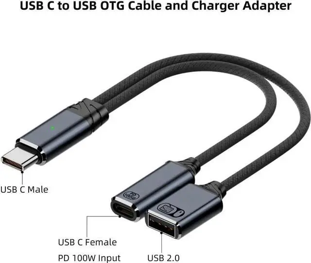 Alt view image 2 of 6 - USB C to USB OTG Cable and Charger Adapter 2-in-1 USB-C Splitter with 100W Fast Charging for iPhone 16/15 Series iPad MacBook Galaxy S24/S23 and More-Grey (No for Power and Video Output)