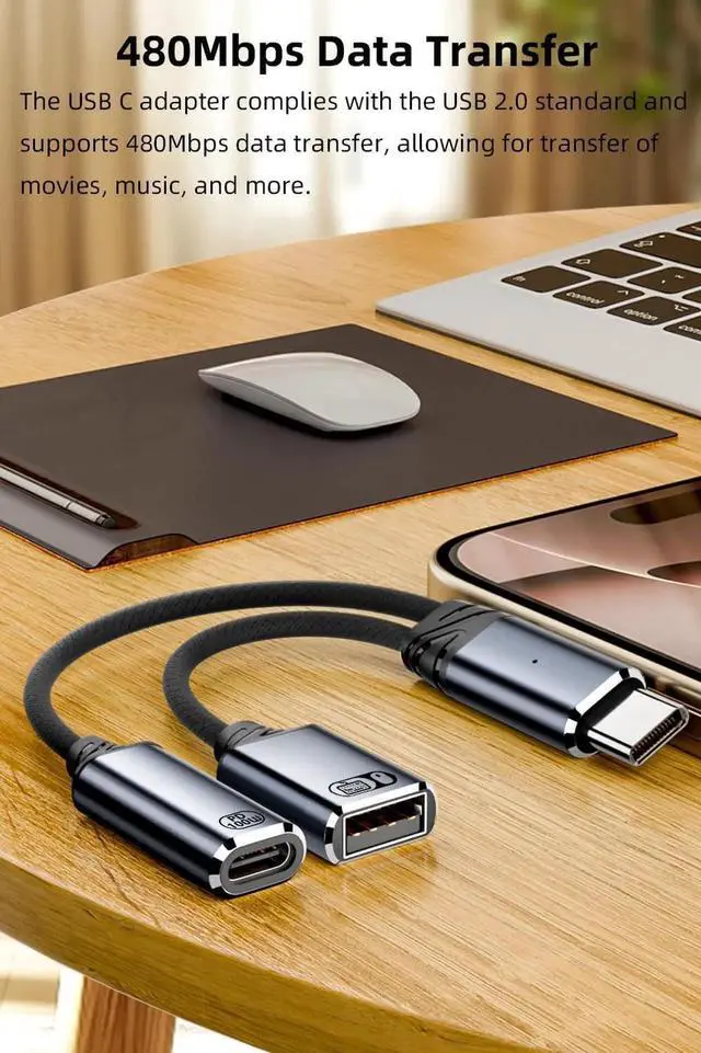 Alt view image 4 of 6 - USB C to USB OTG Cable and Charger Adapter 2-in-1 USB-C Splitter with 100W Fast Charging for iPhone 16/15 Series iPad MacBook Galaxy S24/S23 and More-Grey (No for Power and Video Output)