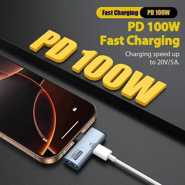 Alt view image 5 of 7 - 2 in 1 USB C to USB 3.2 Adapter with 100W Charging Port USB C Male to USB Female Adapter OTG Converter for iPhone 16/15 Series MacBook iPad and More Type C Devices Grey