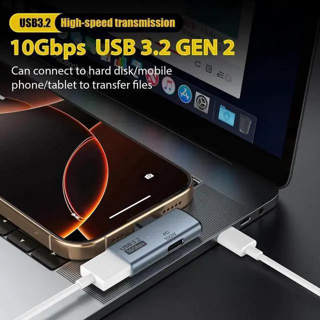 Alt view image 7 of 7 - 2 in 1 USB C to USB 3.2 Adapter with 100W Charging Port USB C Male to USB Female Adapter OTG Converter for iPhone 16/15 Series MacBook iPad and More Type C Devices Grey