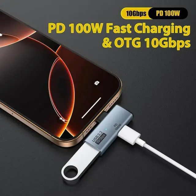 Alt view image 2 of 7 - 2 in 1 USB C to USB 3.2 Adapter with 100W Charging Port USB C Male to USB Female Adapter OTG Converter for iPhone 16/15 Series MacBook iPad and More Type C Devices Grey