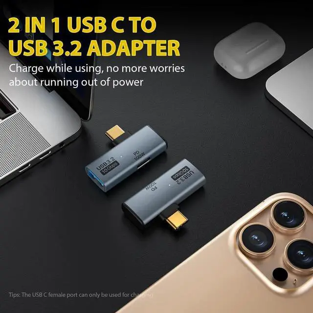 Alt view image 6 of 7 - 2 in 1 USB C to USB 3.2 Adapter with 100W Charging Port USB C Male to USB Female Adapter OTG Converter for iPhone 16/15 Series MacBook iPad and More Type C Devices Grey