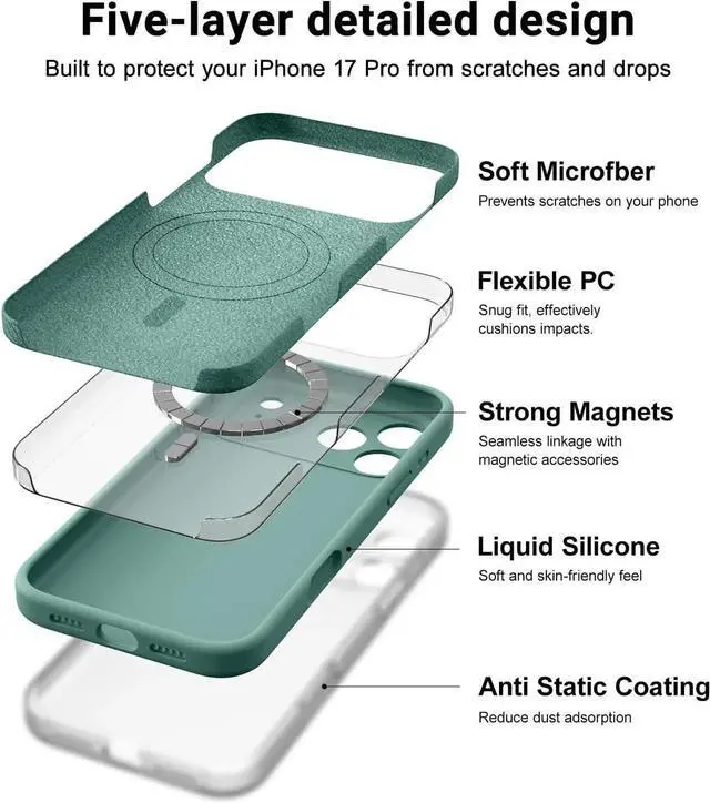 Alt view image 2 of 7 - Magnetic for iPhone 17 Pro Case Compatible with Magsafe Classic Liquid Silicone Mobile Phone Case Integrated Camera Control Button Anti-Scratch Microfiber Lining Pine Green