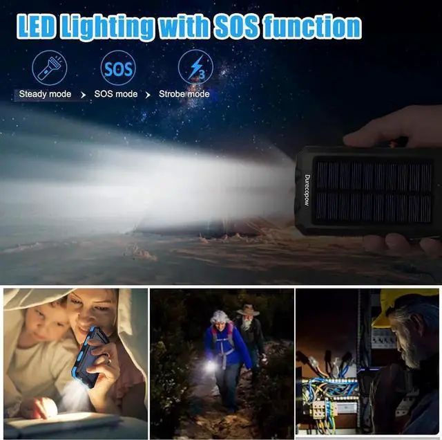 Alt view image 4 of 7 - Solar Charger Power Bank 20000mAh Portable Outdoor Waterproof Solar Battery Charger Camping External Backup Battery Pack USB C Ports Input/Output 2 Led Light Flashlight with Compass (Blue)