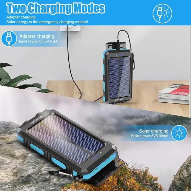 Alt view image 2 of 7 - Solar Charger Power Bank 20000mAh Portable Outdoor Waterproof Solar Battery Charger Camping External Backup Battery Pack USB C Ports Input/Output 2 Led Light Flashlight with Compass (Blue)