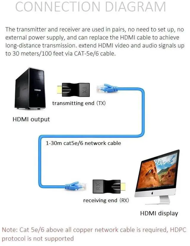 Alt view image 3 of 7 - HDMI Extender Adapter Over Cat5e/6 (1pair) HDMI Repeater to RJ45 Ethernet Network Converter 4k HD 1080p UP to 30m/98ft for HDTV Set-top Boxes DVD PS4 STB Black