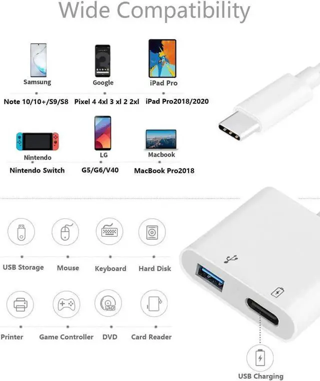Alt view image 7 of 7 - USB C OTG Adapter with Power 2 in 1 USB C to USB Female with 60W PD Charging Adapter Compatible with iPhone 15/15Pro iPad Pro Galaxy S24/S23/S22/S21 Pixel 8/7/6 Google Chromecast with Google TV