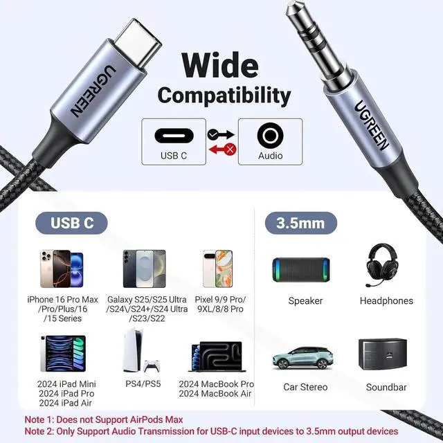 Alt view image 3 of 7 - USB C to Aux Type C to 3.5mm Audio Adapter Hi-Fi Stereo Cord Headphone Male Car Auxiliary Cable Compatible with iPhone 17 16 15 Pro Max Galaxy S25 S24 Ultra iPad Pixel 9 Grey 3.3FT
