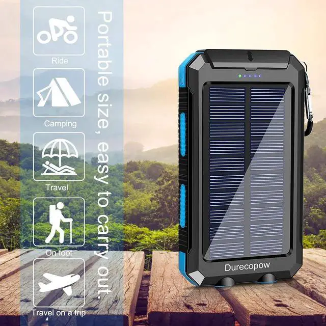 Alt view image 7 of 7 - Solar Charger Power Bank 20000mAh Portable Outdoor Waterproof Solar Battery Charger Camping External Backup Battery Pack USB C Ports Input/Output 2 Led Light Flashlight with Compass (Blue)