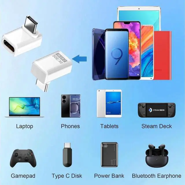 Alt view image 5 of 7 - USB C 90 Degree Adapter 80 Gbps USB C 240W Up and Down Male to Female Adapter Thunderbolt 5 Support 8K@60Hz Video for MacBook Laptop Tablet etc(White 2pack)