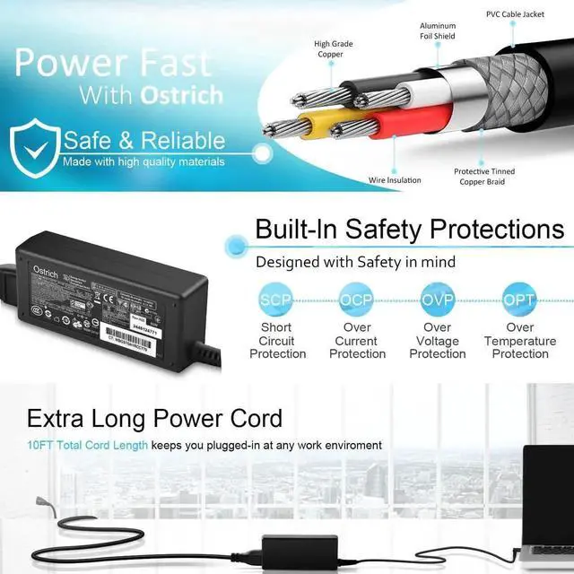 Alt view image 5 of 7 - Charger Compatible with HP Laptop Computer 65W 45W Smart Blue Tip Power Adapter