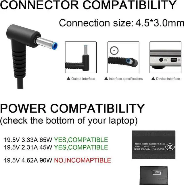 Alt view image 7 of 7 - Charger Compatible with HP Laptop Computer 65W 45W Smart Blue Tip Power Adapter