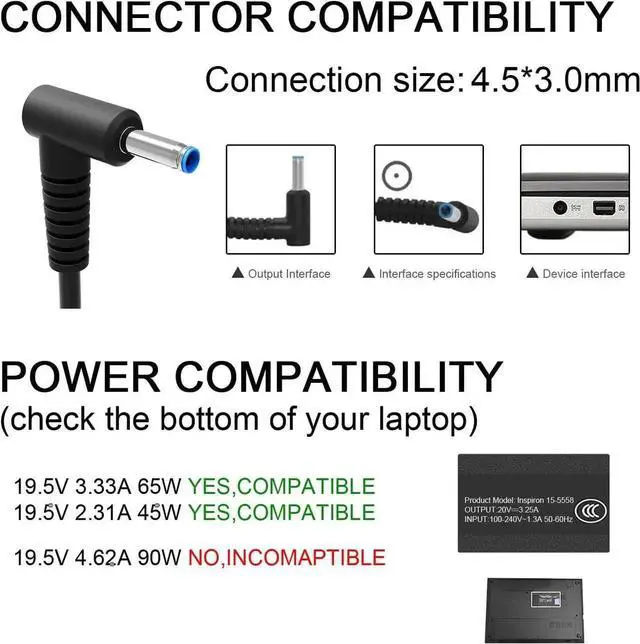 Alt view image 6 of 7 - Charger Compatible with HP Laptop Computer 65W 45W Smart Blue Tip Power Adapter
