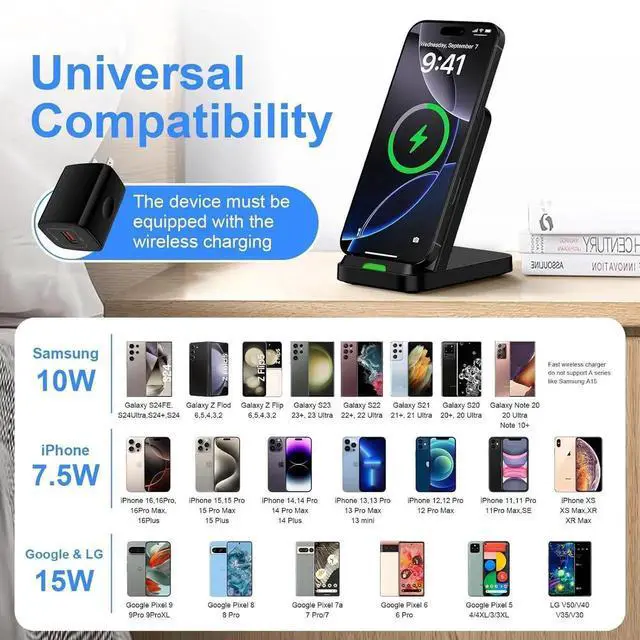 Alt view image 7 of 7 - Wireless Charger Fast Charging Stand for Galaxy S25 FE/S25Ultra/S24 Plus/S23+/S22/S21/S20/S10 Wireless Phone Charger Android Desk Charging Station for Google Pixel 9 Pro XL/8 with 18W Adapter