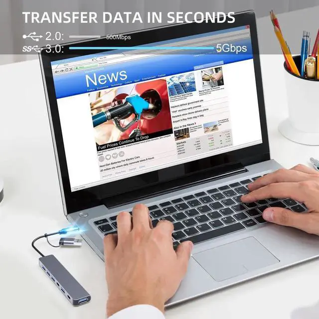 Alt view image 2 of 7 - Aluminum 7 in 1 USB C Hub with USB 3.0 7 Ports with 2* USB-C and 5* USB-A Ultra Slim Portable USB Splitter Adapter for Laptop PS4 Flash Drive HDD Xbox Printer Mouse Keyboard