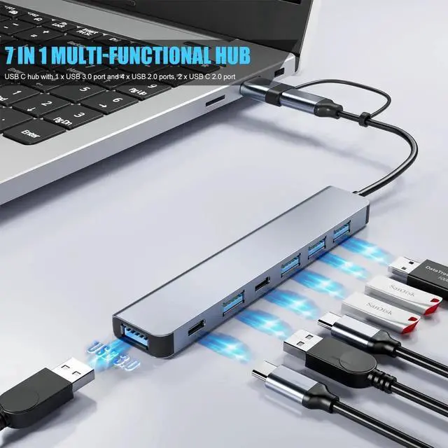 Alt view image 6 of 7 - Aluminum 7 in 1 USB C Hub with USB 3.0 7 Ports with 2* USB-C and 5* USB-A Ultra Slim Portable USB Splitter Adapter for Laptop PS4 Flash Drive HDD Xbox Printer Mouse Keyboard