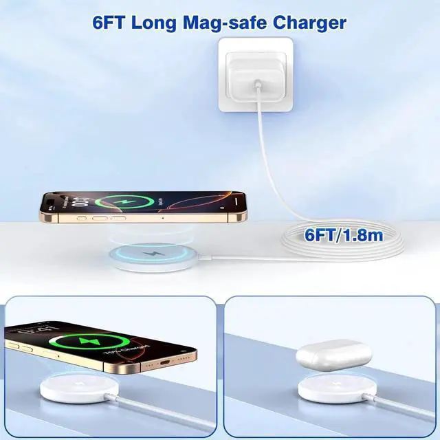 Alt view image 2 of 7 - Long 6FT Magnetic Wireless Charger Fast iPhone MagSafe Charger Mag-Safe Quick Wireless Charging Pad Magnet Charge Pad USB Type C Charge Block Adapter for iPhone 16/16Pro Max/15/14/13/12/11