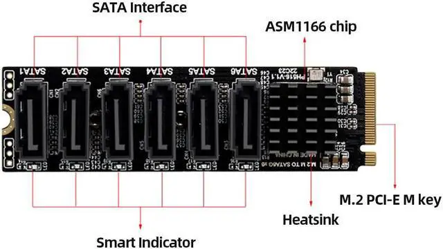 Alt view image 2 of 6 - M.2 NVME PCI-E PCIE X4 X8 X16 To 6 Port 3.0 SATA Adapter Card Riser III ASM1166 6GB/S Chassis server PC Computer Expansion