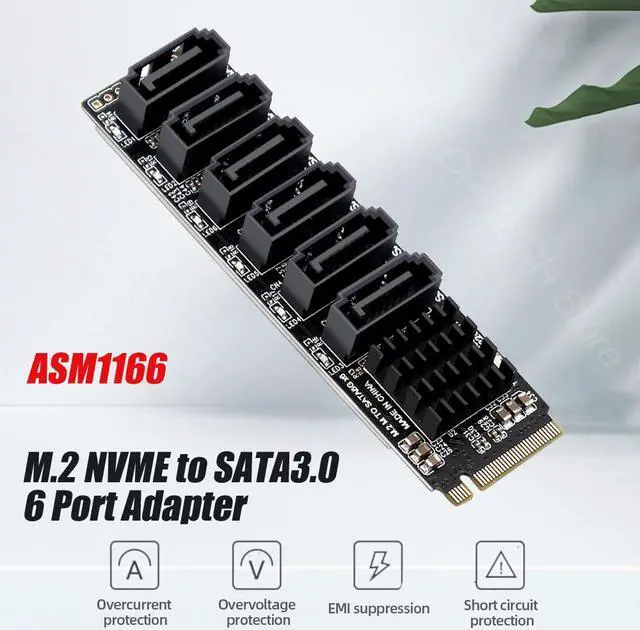 Main image of M.2 NVME PCI-E PCIE X4 X8 X16 To 6 Port 3.0 SATA Adapter Card Riser III ASM1166 6GB/S Chassis server PC Computer Expansion