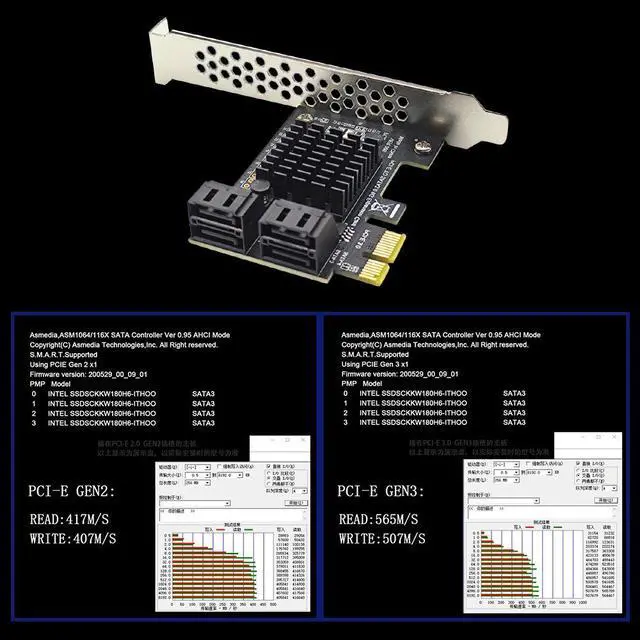 Alt view image 4 of 7 - 4 Port SATA III PCIe Expansion Card 6Gbps SATA 3.0 to PCI-e 1X Controller Card PCI Express Adapter Converter with Bracket