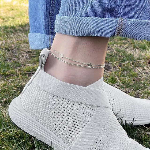 Alt view image 2 of 4 - 925 Sterling Silver Paper Clip Layered Star Ankle Bracelet, Minimalist Anklet, Giorgio Bergamo (Gold)