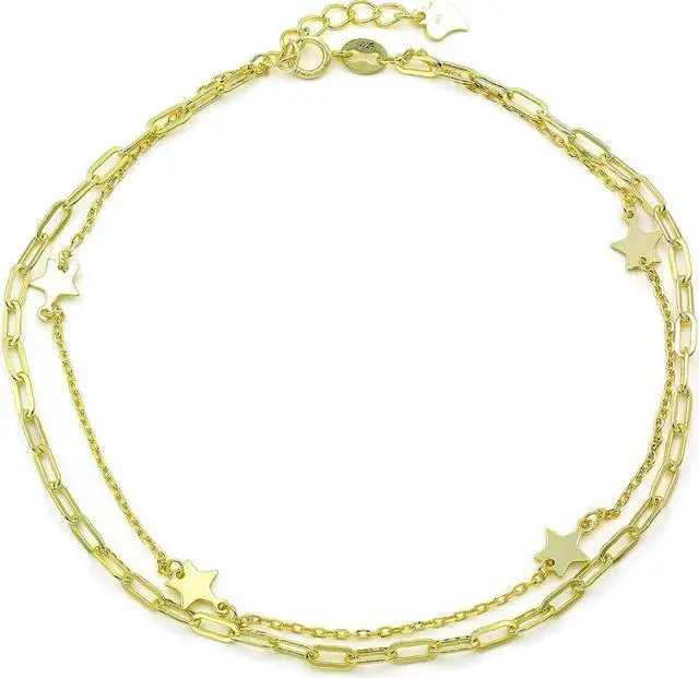 Alt view image 3 of 4 - 925 Sterling Silver Paper Clip Layered Star Ankle Bracelet, Minimalist Anklet, Giorgio Bergamo (Gold)