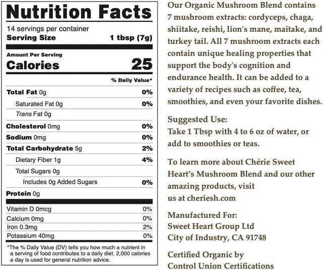 Alt view image 2 of 2 - Cherie Sweet Heart 7 Mushroom Extract Powder, USDA Organic, Lion's Mane, Reishi, Cordyceps, Maitake, Shiitake, Turkey Tail, Chaga, Real Mushrooms, No fillers, 3.5oz