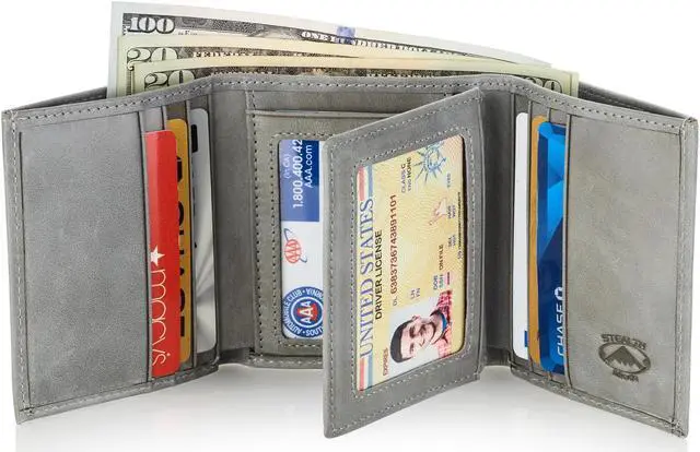 Main image of Stealth Mode Leather Trifold RFID Wallet For Men With Flip Out ID Holder Grey