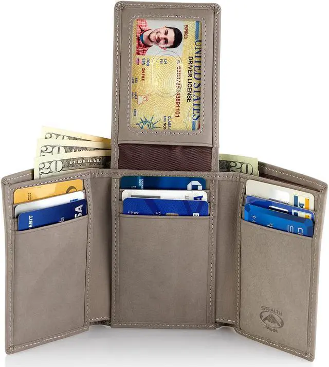 Main image of Stealth Mode Trifold Wallet - RFID Blocking Wallet with Flip ID Holder - Leather Case for Money, Credit Cards - Mens Organizer, Divided Billfold, Identity Protection - Men's Gifts Grey