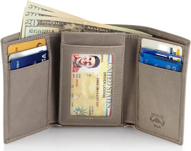 Alt view image 2 of 6 - Stealth Mode Trifold Wallet - RFID Blocking Wallet with Flip ID Holder - Leather Case for Money, Credit Cards - Mens Organizer, Divided Billfold, Identity Protection - Men's Gifts Grey