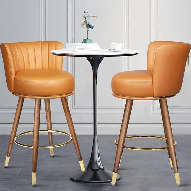 Main image of 27" Swivel Bar Stools Set of 2, Counter Height Bar Stools with Back, 360° Swivel Bar Chairs with Wood Legs and Footrest, Upholstered Orange Bar Stool for Kitchens Island, Rustic Bar, 300lbs