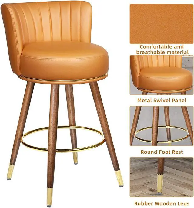 Alt view image 5 of 7 - 27" Swivel Bar Stools Set of 2, Counter Height Bar Stools with Back, 360° Swivel Bar Chairs with Wood Legs and Footrest, Upholstered Orange Bar Stool for Kitchens Island, Rustic Bar, 300lbs